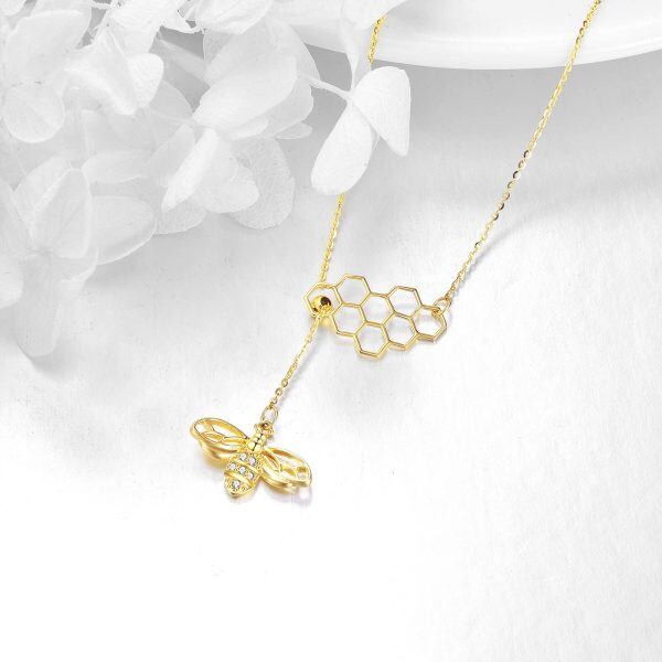 14K Solid Gold Honeycomb Bee Y Pendant Necklace-3