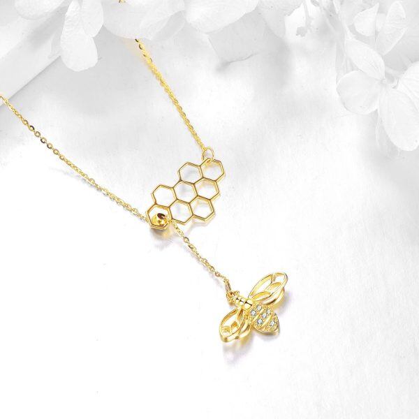 14K Solid Gold Honeycomb Bee Y Pendant Necklace-4