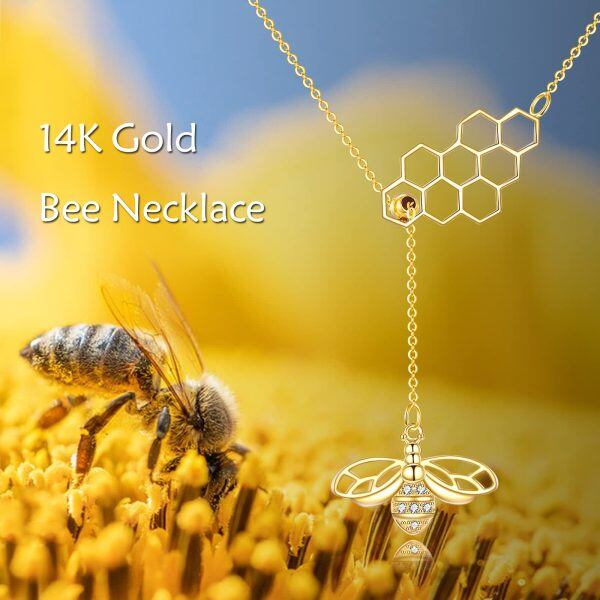 14K Solid Gold Honeycomb Bee Y Pendant Necklace-5