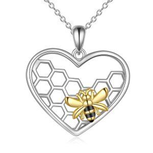 Sterling Silver Honeycomb Bee Heart Pendant Necklace-0