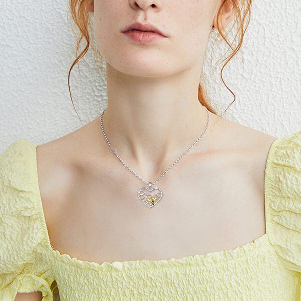 Sterling Silver Honeycomb Bee Heart Pendant Necklace-2
