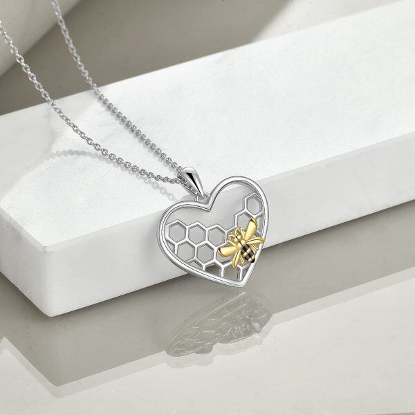 Sterling Silver Honeycomb Bee Heart Pendant Necklace-3