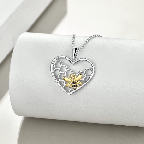 Sterling Silver Honeycomb Bee Heart Pendant Necklace-4