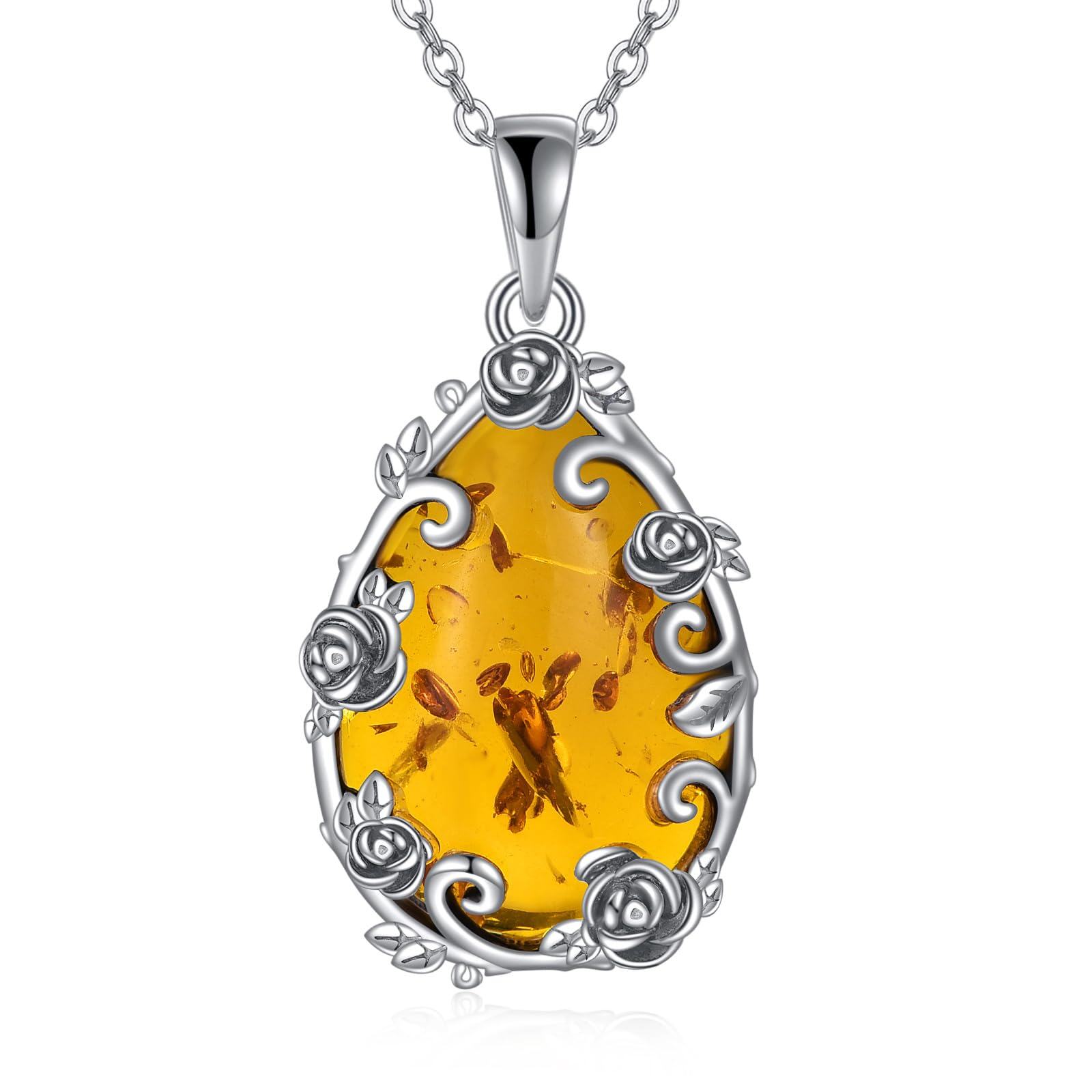Sterling Silver Amber Teardrop Pendant Necklace with Rose Flower - Oxidized/Oxidised-0-0