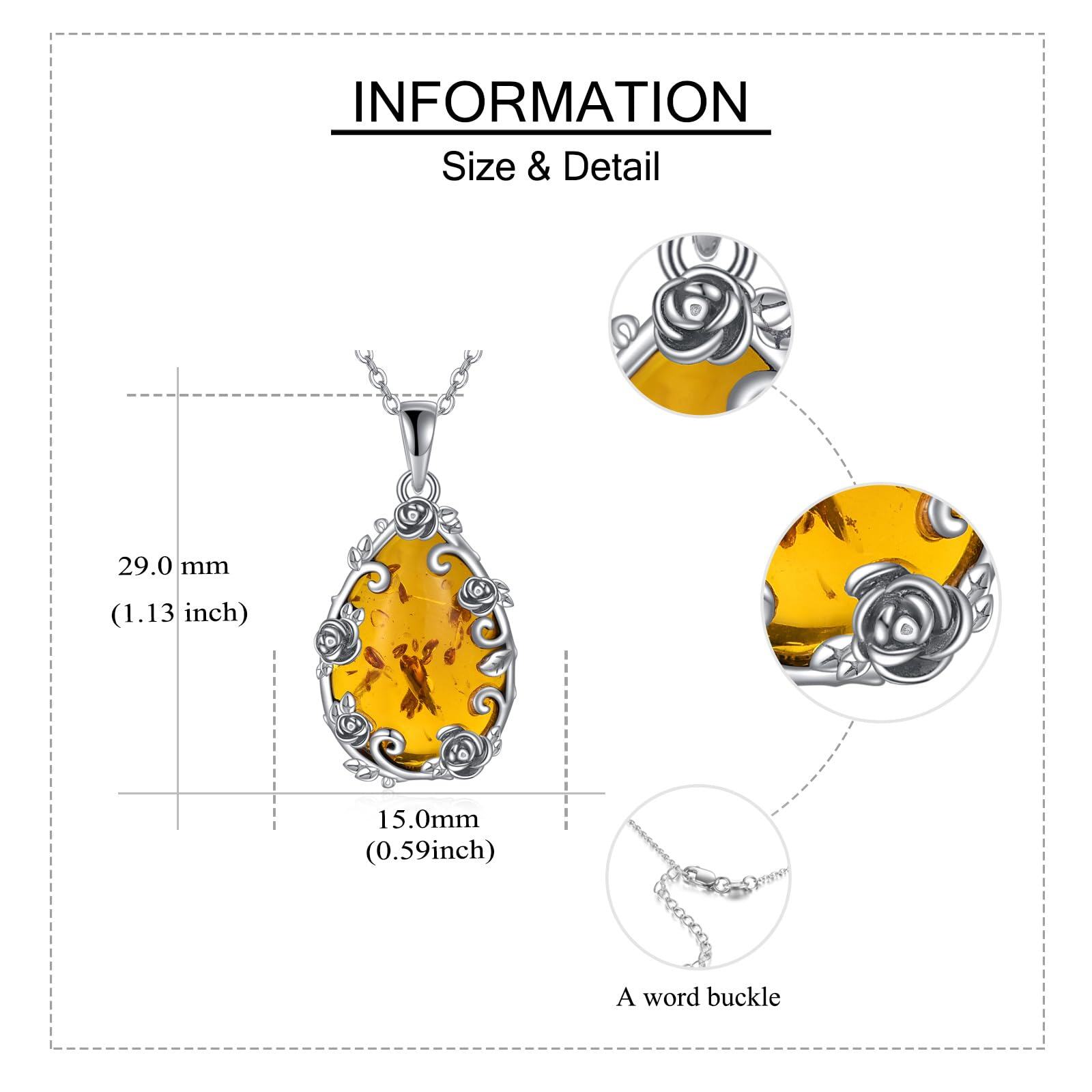 Sterling Silver Amber Teardrop Pendant Necklace with Rose Flower - Oxidized/Oxidised-0-1