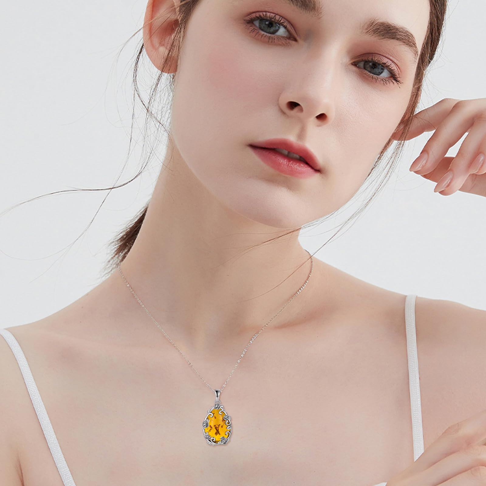 Sterling Silver Amber Teardrop Pendant Necklace with Rose Flower - Oxidized/Oxidised-0-2