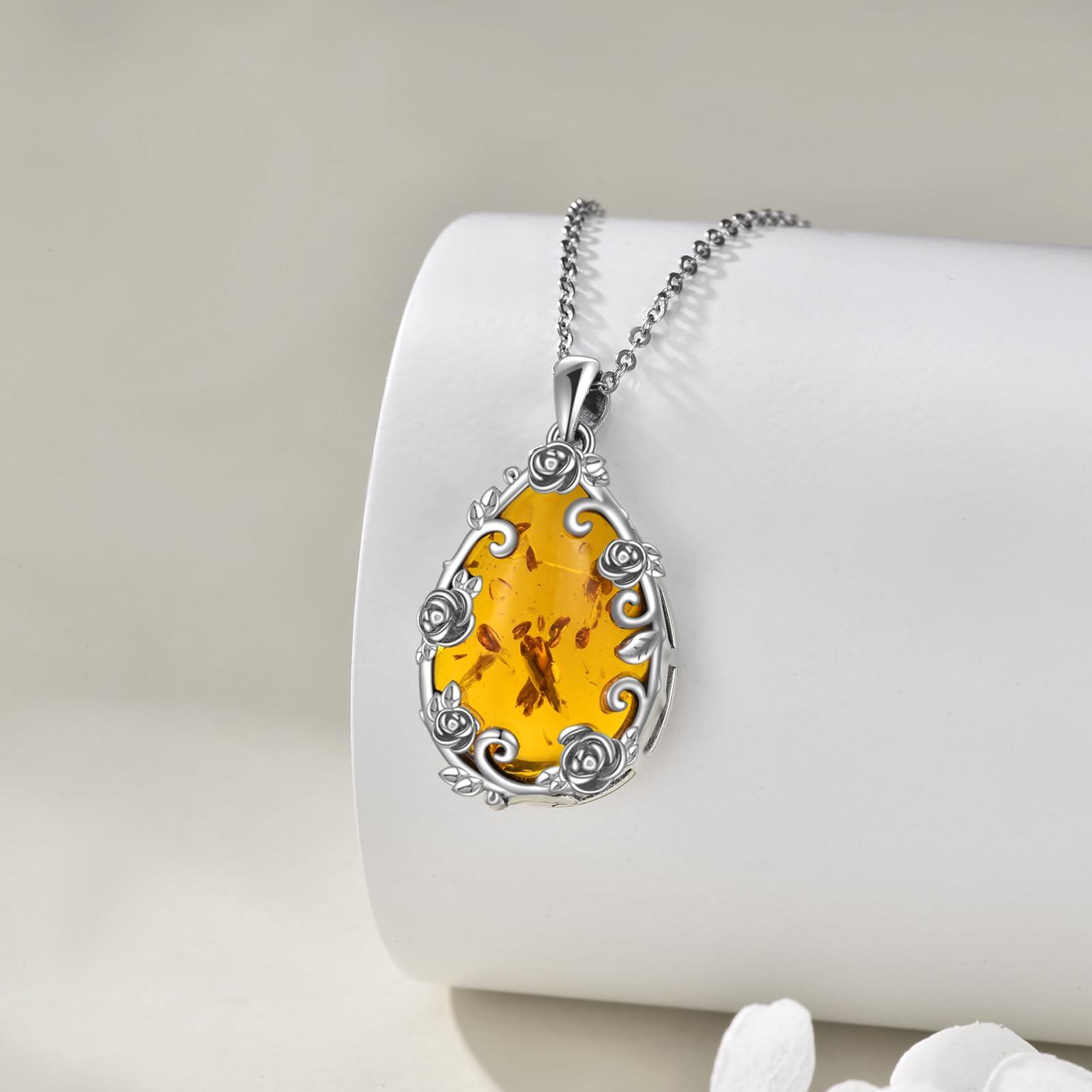 Sterling Silver Amber Teardrop Pendant Necklace with Rose Flower - Oxidized/Oxidised-0-3
