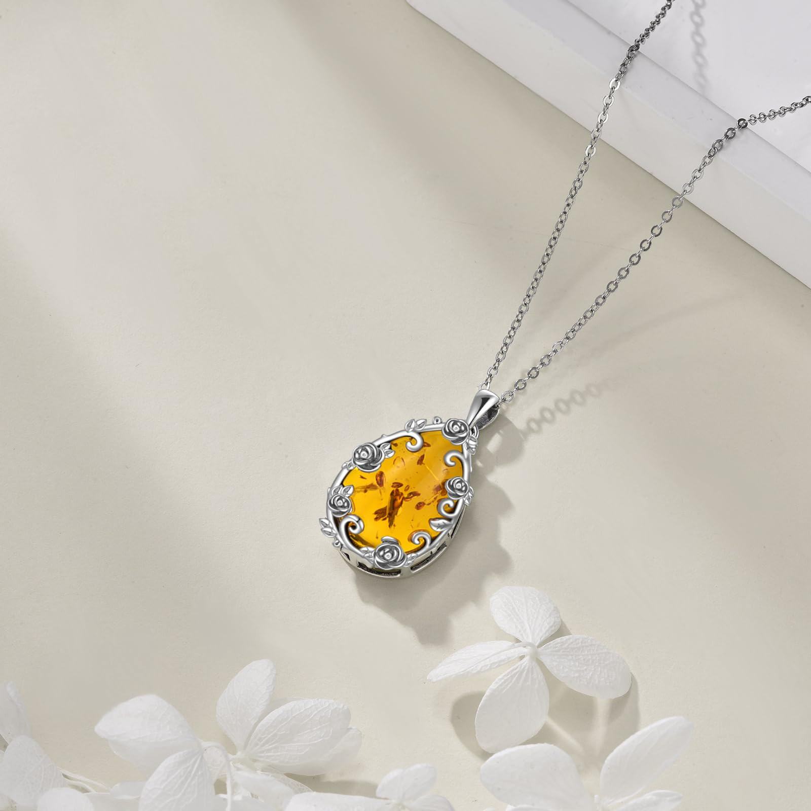 Sterling Silver Amber Teardrop Pendant Necklace with Rose Flower - Oxidized/Oxidised-0-4