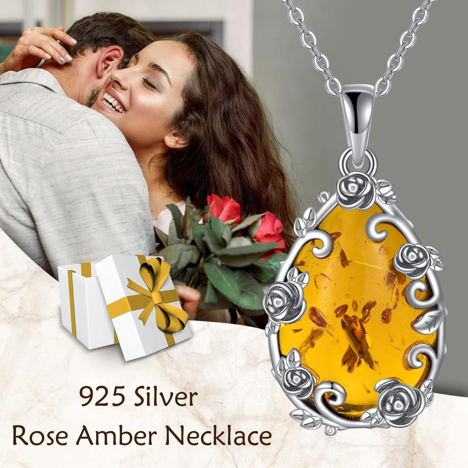Sterling Silver Amber Teardrop Pendant Necklace with Rose Flower - Oxidized/Oxidised-0-5