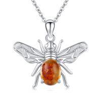 wholesale 925 Sterling Silver Baltic Amber Honeybee Pendant Necklace - Natural Stone Insect Charm s for Her- Rhodium Plated