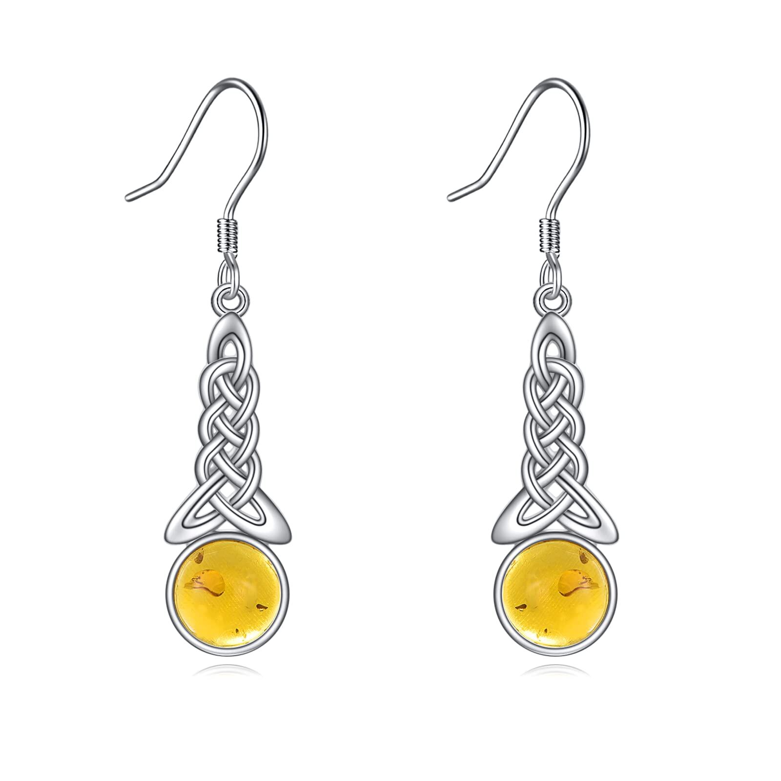 Sterling Silver Celtic Knot Amber Dangle Earrings - Rhodium Plated-0-0