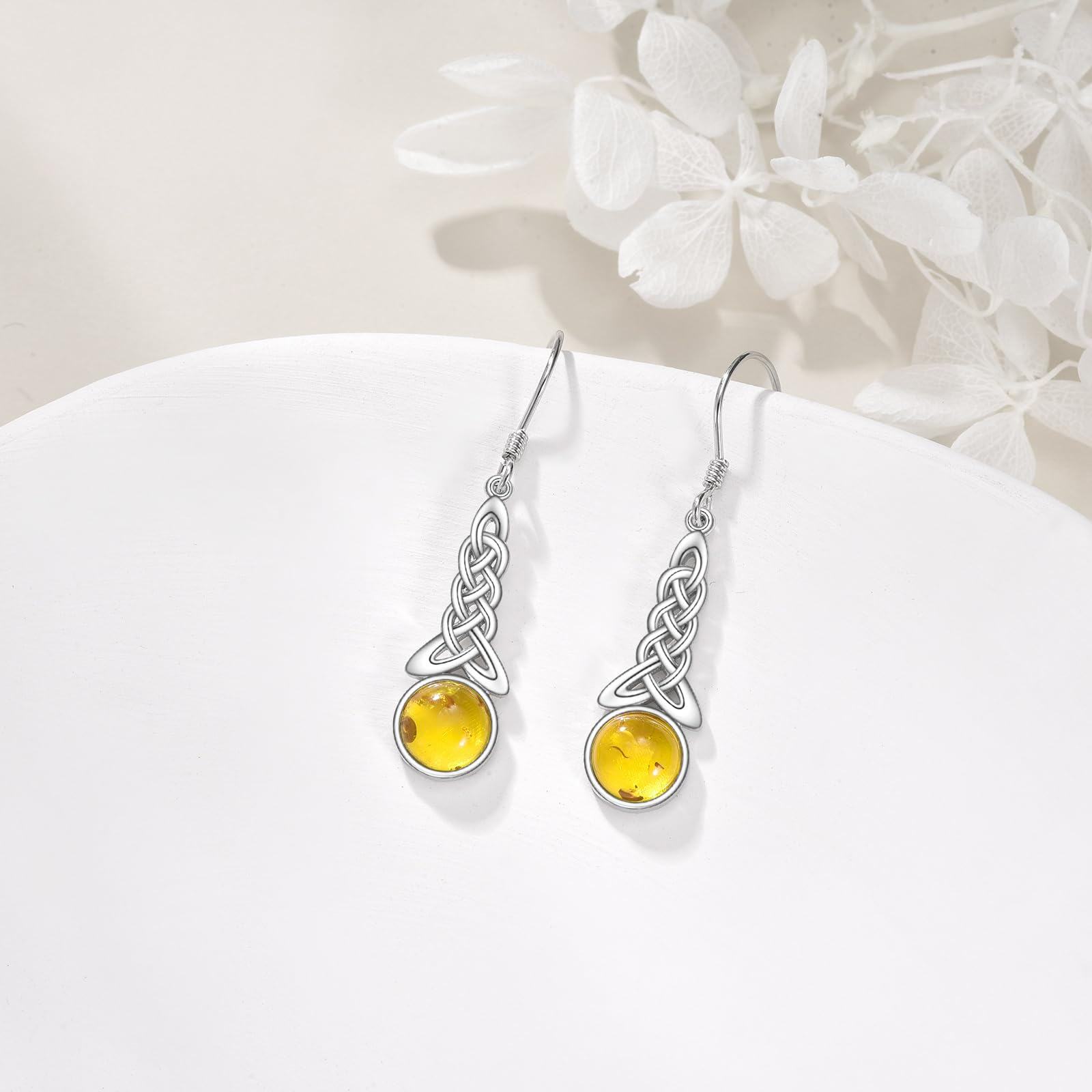 Sterling Silver Celtic Knot Amber Dangle Earrings - Rhodium Plated-0-3