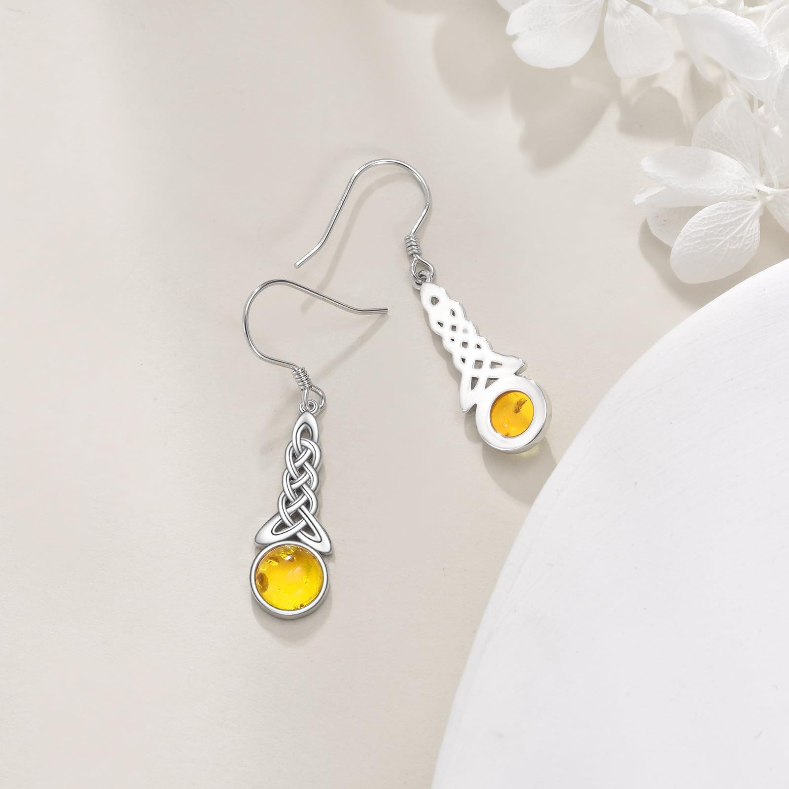 Sterling Silver Celtic Knot Amber Dangle Earrings - Rhodium Plated-0-4