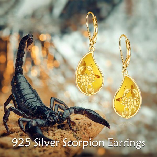 Sterling Silver Scorpion Amber Teardrop Dangle Earrings-5