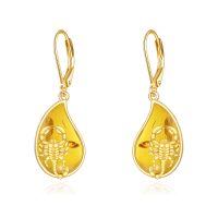 wholesale Gold 925 Sterling Silver Scorpion Design Teardrop Shape Honey Amber Leverback Earrings for Women (Size: 35 x 2 mm)- Gold Plated