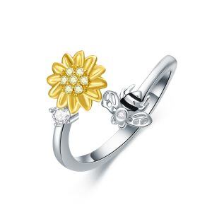 Sterling Silver Sunflower Bee Adjustable Rings-0