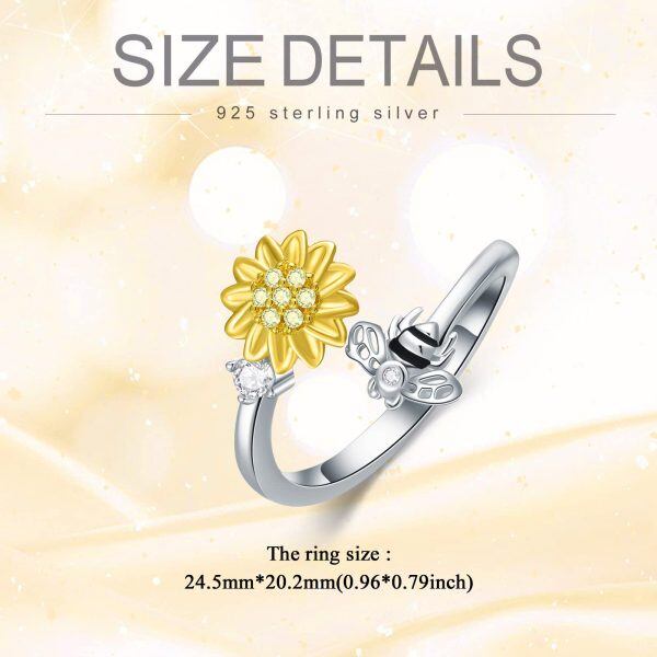 Sterling Silver Sunflower Bee Adjustable Rings-1