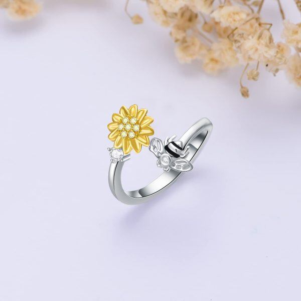 Sterling Silver Sunflower Bee Adjustable Rings-3