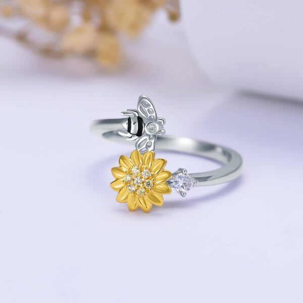 Sterling Silver Sunflower Bee Adjustable Rings-4