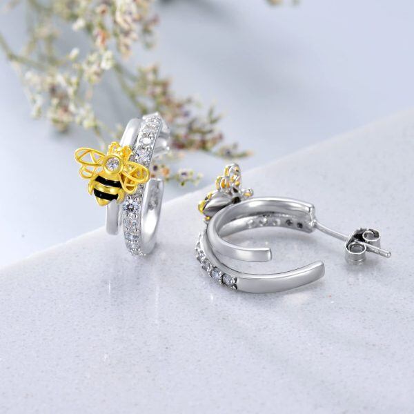 Sterling Silver Honey Bumble Bee Half Huggie Earrings-5