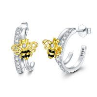 wholesale 925 Sterling Silver CZ Hoop Earrings with Gold & Black Bees for Women Mom Wife Girlfriend Gifts- Rhodium And Gold Plated