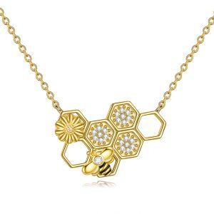 Sterling Silver Honeycomb Bee Cute Flower Pendant Necklace-0