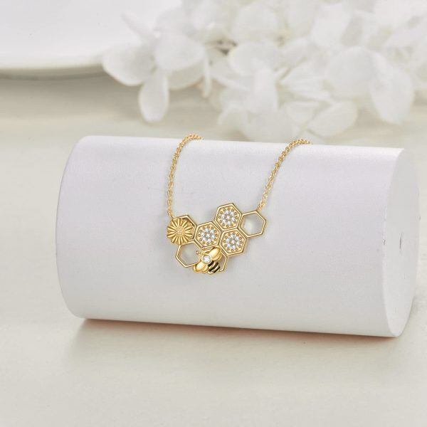 Sterling Silver Honeycomb Bee Cute Flower Pendant Necklace-3