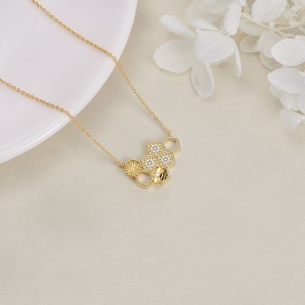 Sterling Silver Honeycomb Bee Cute Flower Pendant Necklace-4