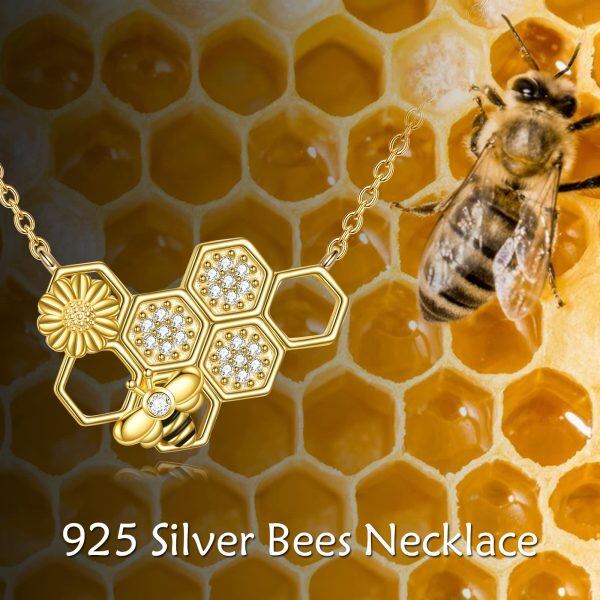 Sterling Silver Honeycomb Bee Cute Flower Pendant Necklace-5