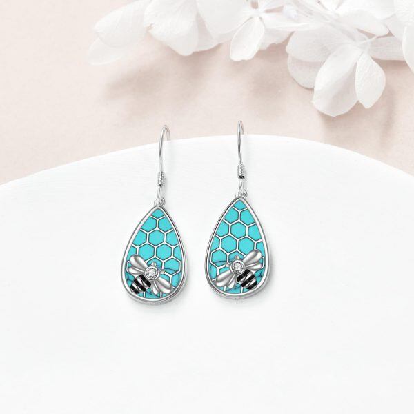 Sterling Silver Bee Turquoise Dangle Earrings-3