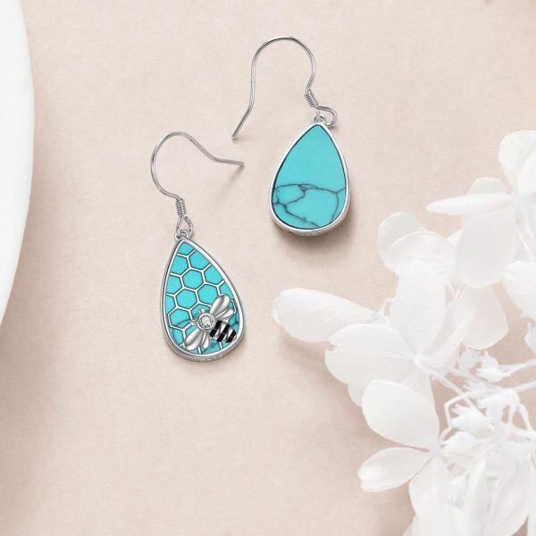 Sterling Silver Bee Turquoise Dangle Earrings-4