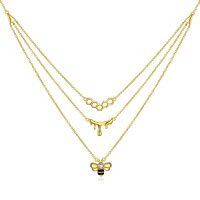 wholesale Gold 925 Sterling Silver Honeycomb & Dripping Bees Layered Necklace with Crystal Accents- Gold Plated