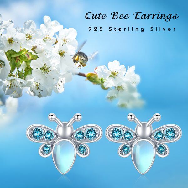 Sterling Silver Bee Moonstone Stud Earrings-4