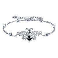 wholesale 925 Sterling Silver Bee Charm Bracelet with Cubic Zirconia and Beads for Women Girls  6+1 inch Adjustable Chain Length- Rhodium Plated