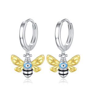 Sterling Silver Bee Evil Eye Hoop Earrings-0