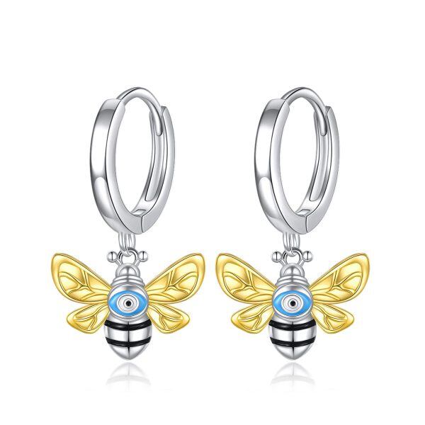 Sterling Silver Bee Evil Eye Hoop Earrings-0