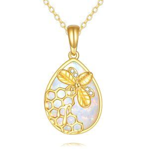 14K Solid Gold Honeycomb Bee Opal Teardrop Pendant Necklace-0