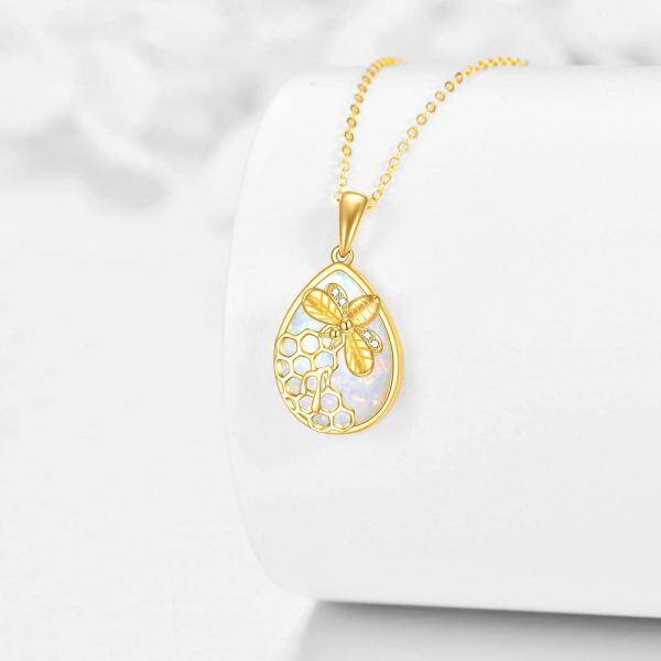 14K Solid Gold Honeycomb Bee Opal Teardrop Pendant Necklace-3