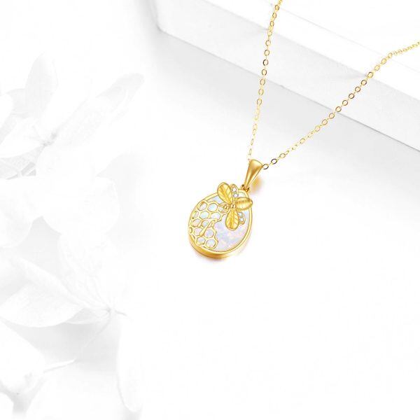 14K Solid Gold Honeycomb Bee Opal Teardrop Pendant Necklace-4