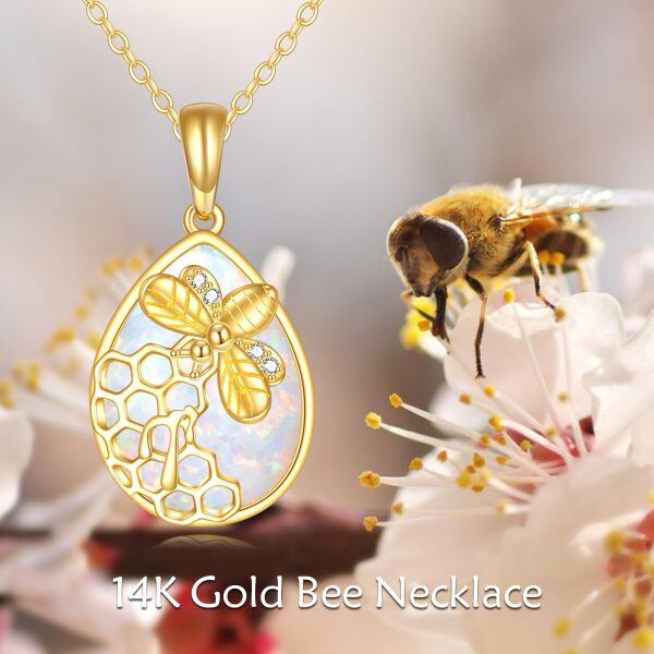 14K Solid Gold Honeycomb Bee Opal Teardrop Pendant Necklace-5