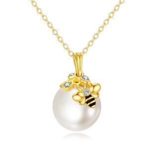 14K Solid Gold Honeycomb Bee Pearl Pendant Necklace-0