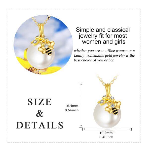 14K Solid Gold Honeycomb Bee Pearl Pendant Necklace-1