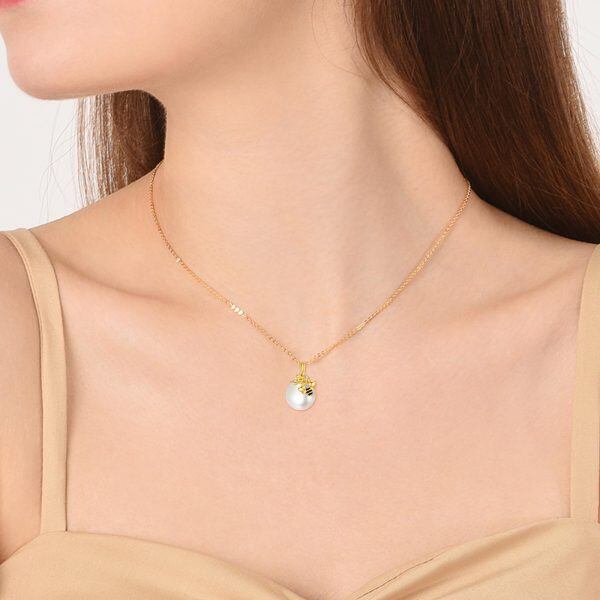 14K Solid Gold Honeycomb Bee Pearl Pendant Necklace-2