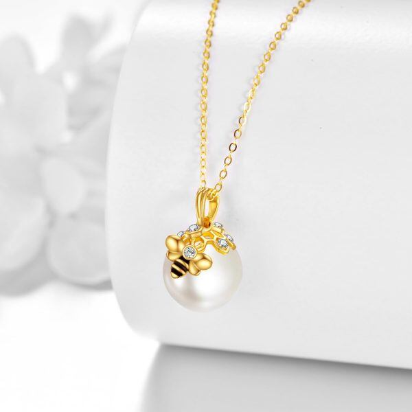 14K Solid Gold Honeycomb Bee Pearl Pendant Necklace-3