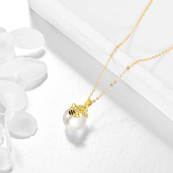 14K Solid Gold Honeycomb Bee Pearl Pendant Necklace-4