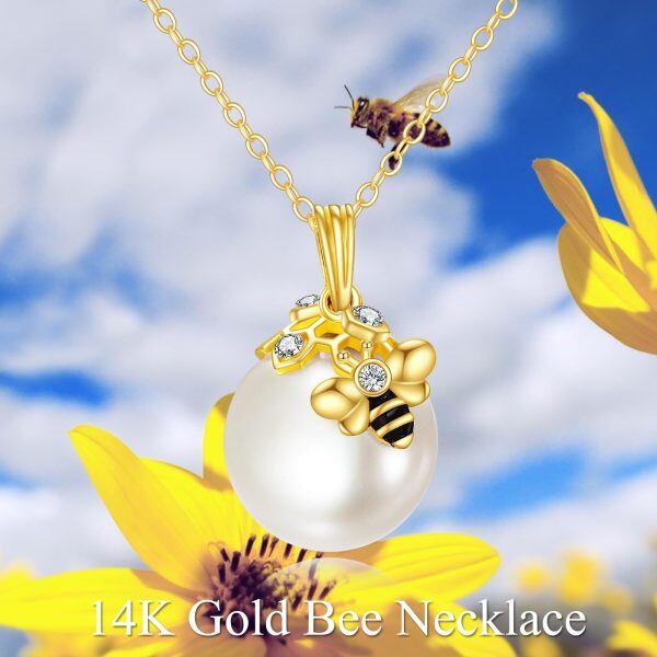 14K Solid Gold Honeycomb Bee Pearl Pendant Necklace-5