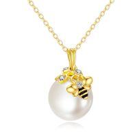 wholesale 14K Gold CZ Pearl Bee Pendant Necklace - Honeycomb Inspired for Women- Gold Plated