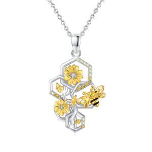 Sterling Silver Honeycomb Bee Sunflower Flower Pendant Necklace-0