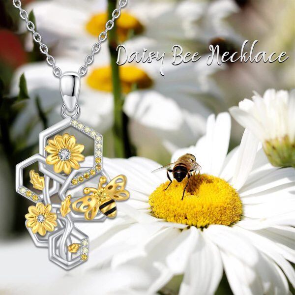 Sterling Silver Honeycomb Bee Sunflower Flower Pendant Necklace-5