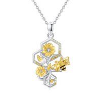 wholesale 925 Sterling Silver Honeycomb Pendant with Bees and Flowers Necklaces for Women- Rhodium And Gold Plated